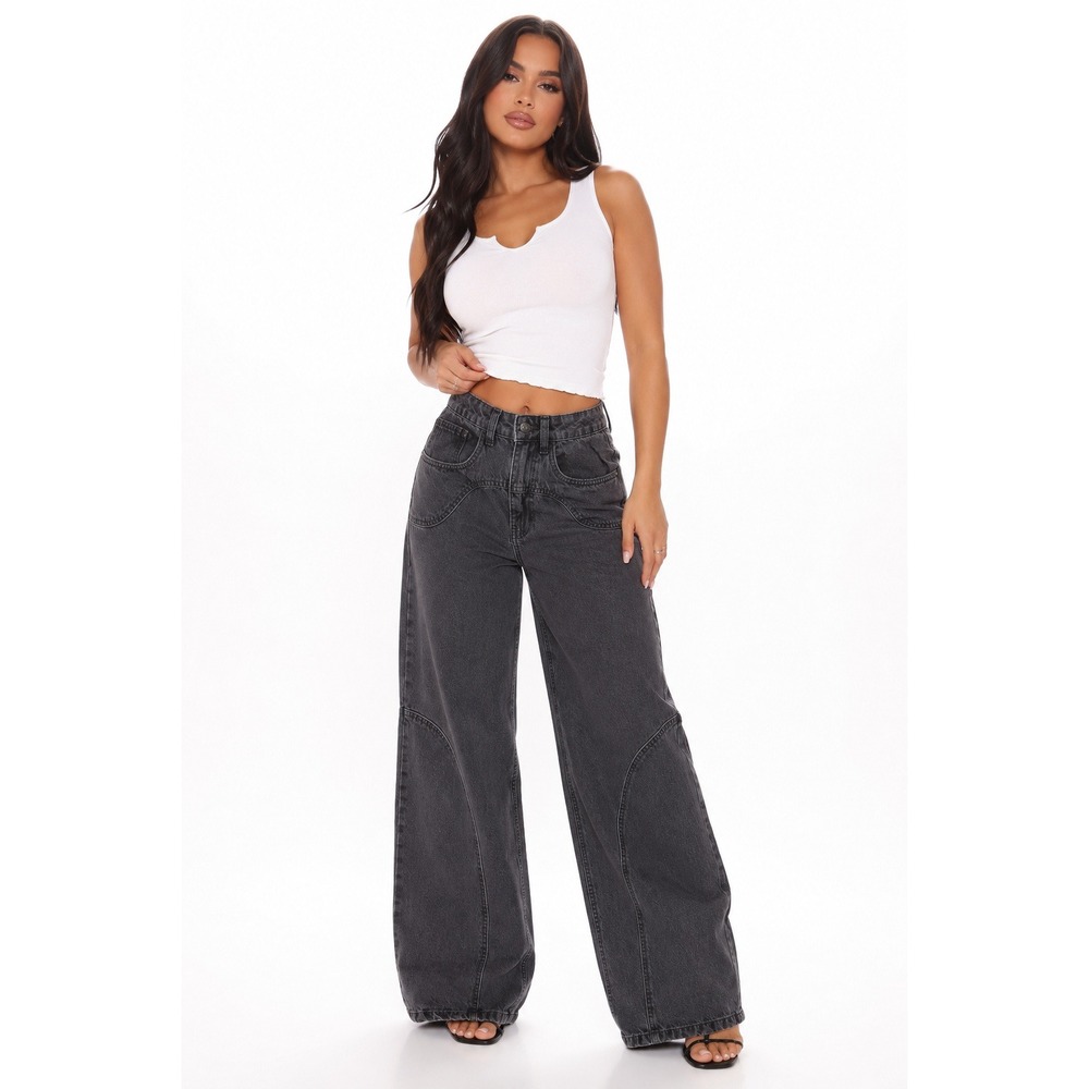 PrettyLittleThing Grey High Waist Western Seam Detail Wide Leg Jeans USA 2 NWT